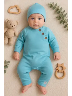 Kollu Düğme Detaylı Unısex Bebek Tulumu