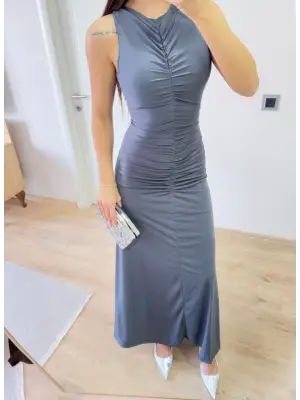 Kolsuz Büzgülü Uzun Elbise - Füme