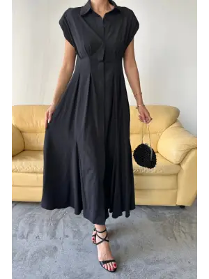 Omarı Poplin Elbise - Önden Düğmeli Bel Pens Detaylı - Siyah