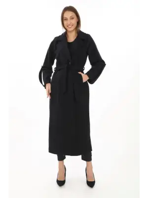 Kolu Apoletli Astarlı Kaşmir Kaşe Kaban - Siyah