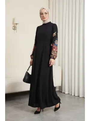 Kolu İşleme Tüllü Bağcıklı Kalem Elbise  -Fuşya