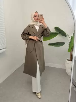 Kolu Lastikli Kemerli Astarlı Trençkot -Haki