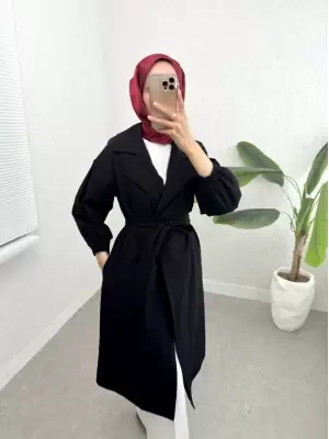 Kolu Lastikli Kemerli Astarlı Trençkot -Siyah