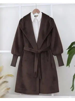 Kahverengi Kolu Ribanalı Şal Yaka Astarlı Kaşe Kaban Kadın Giyim