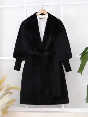 Siyah Kolu Ribanalı Şal Yaka Astarlı Kaşe Kaban Kadın Giyim