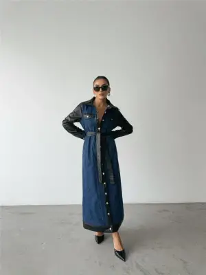 KOT ELBİSE UZUN ÖNDEN DÜĞMELİ - Mavi