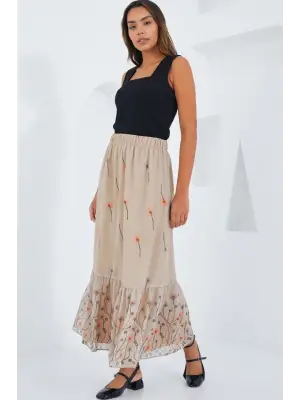 Krem Desenli Şifon Etek 8010