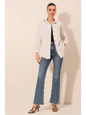 Krem Düz Oversize Uzun Basic Gömlek 3900