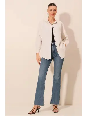 Krem Düz Oversize Uzun Basic Gömlek 3900