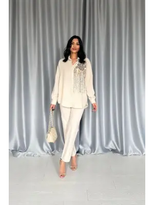 Krem Pulpayet Nakışlı Bedensiz Gömlek