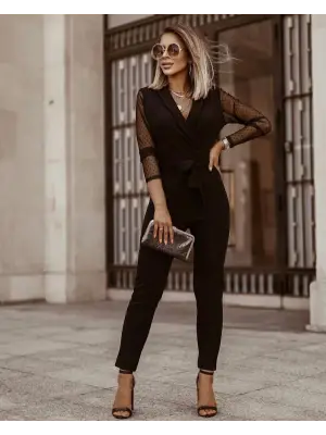 Tül Detaylı Kuşaklı Krep Tulum