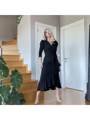 Krep Kumaş Midi Boy Kuşaklı Elbise