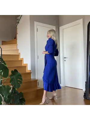 Omarı Krep Kumaş Kuşaklı Midi Elbise