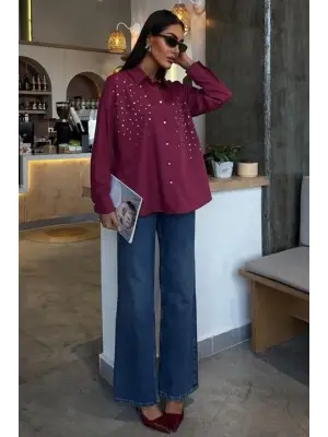 Omarı Kristal Taş Detaylı Poplin Gömlek