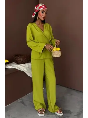 Kruvaze Model Klasik Pantolonlu Çupra Keten Takım 10191