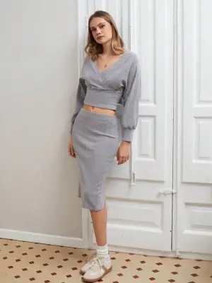 Kruvaze şardonlu etekli takım gri