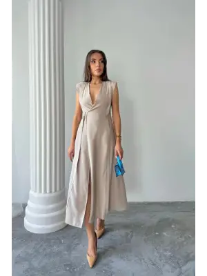 KRUVAZE VATKALI KOLSUZ ELBİSE MODAL KUMAŞ - Bej