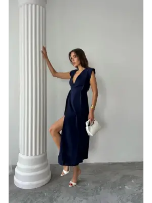 Omarı Modal Kumaş Kruvaze Vatkali Kolsuz Elbise - Lacivert