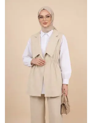 Kruvaze Yaka Beli Lastikli Yelek Pantolon Modal Takım -Bej