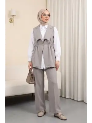Kruvaze Yaka Beli Lastikli Yelek Pantolon Modal Takım -Gri