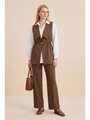 Kruvaze Yaka Beli Lastikli Yelek Pantolon Modal Takım -Kahve