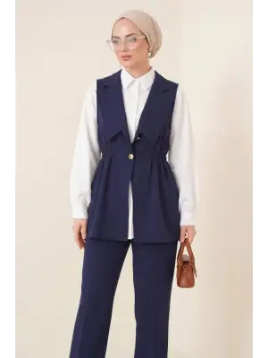 Kruvaze Yaka Beli Lastikli Yelek Pantolon Modal Takım  -Laci