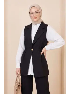 Kruvaze Yaka Beli Lastikli Yelek Pantolon Modal Takım -Siyah