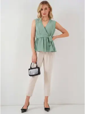 Kruvaze Yaka Kolsuz Bluz 966 - Çağla