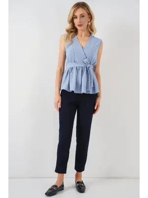 Kruvaze Yaka Kolsuz Bluz 966 - Mavi