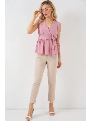 Kruvaze Yaka Kolsuz Bluz 966 - Pudra