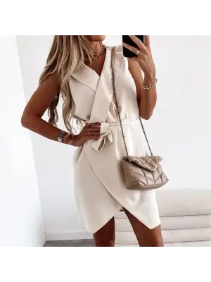 Kruvaze Yaka Kuşaklı Krep Kumaş Elbise