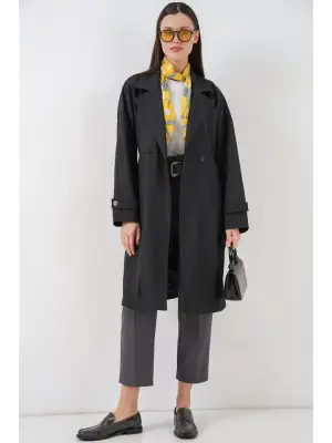 Kruvaze Yaka Trençkot 5987 - Siyah