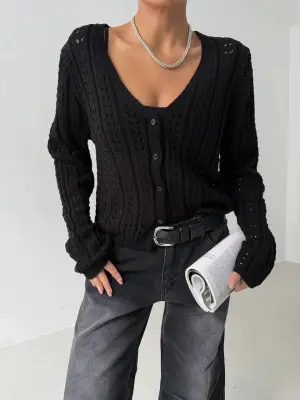 Omarı Siyah Düğmeli Örgü Triko Hırka