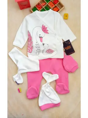Kuğu Desenli 5li Kız Bebek Hastane Çıkış Seti