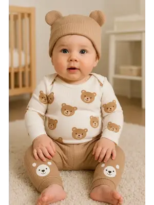 Kulaklı Ayıcık % 100 Pamuk 3lü Erkek Bebek Takım