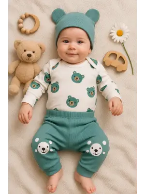 Kulaklı Ayıcık % 100 Pamuk 3lü Erkek Bebek Takım
