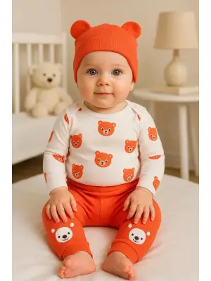 Kulaklı Ayıcık % 100 Pamuk 3lü Erkek Bebek Takım