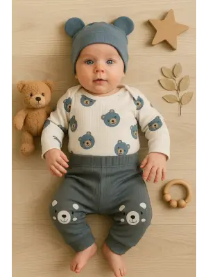 Kulaklı Ayıcık % 100 Pamuk 3lü Erkek Bebek Takım