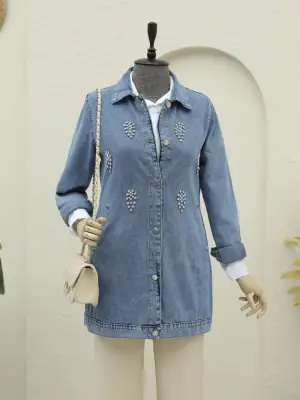 Küme Taş Detaylı Düğmeli Kot Ceket -Buz Mavi