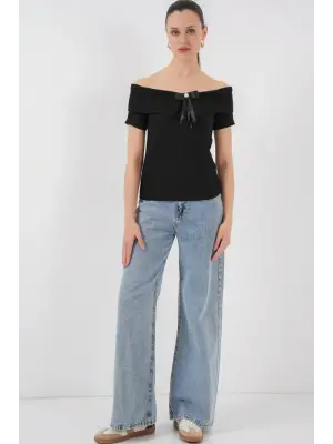 Kurdele Detaylı Örme Bluz 949 - Siyah