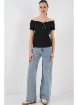 Kurdele Detaylı Örme Bluz 949 - Siyah