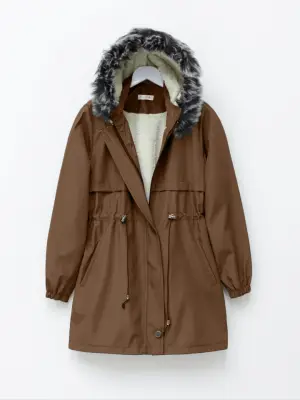 Kürklü Çıkma Kapşonlu Bağcıklı Kaban Taba Kadın Giyim