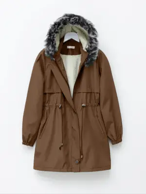 Omarı Sıcak Tutucu Kürklü Kapşonlu Kaban - Taba