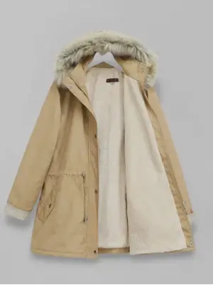 Kürklü Çıkma Kapşonlu İçi Peluşlu Mont -Vizon