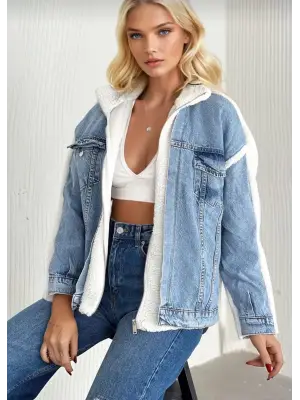 Kürklü kot ceket mavi t7009