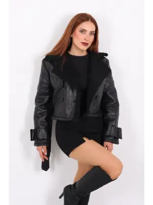 Kürklü Suni Deri Kemerli siyah Kadın Kısa Mont T1256