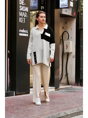 Omarı Minimalist Beyaz Kuş Gözü Triko Takım