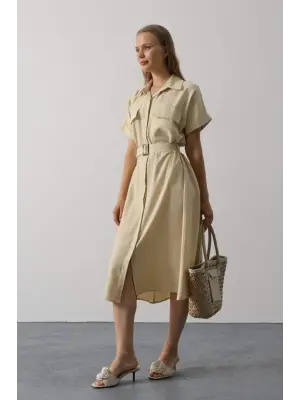 Kuşaklı Cep Detaylı Yarım Kol Elbise - Ekru