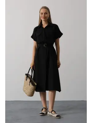 Kuşaklı Cep Detaylı Yarım Kol Elbise - Siyah