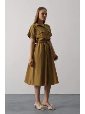 Kuşaklı Cep Detaylı Yarım Kol Elbise - Yağ Yeşili